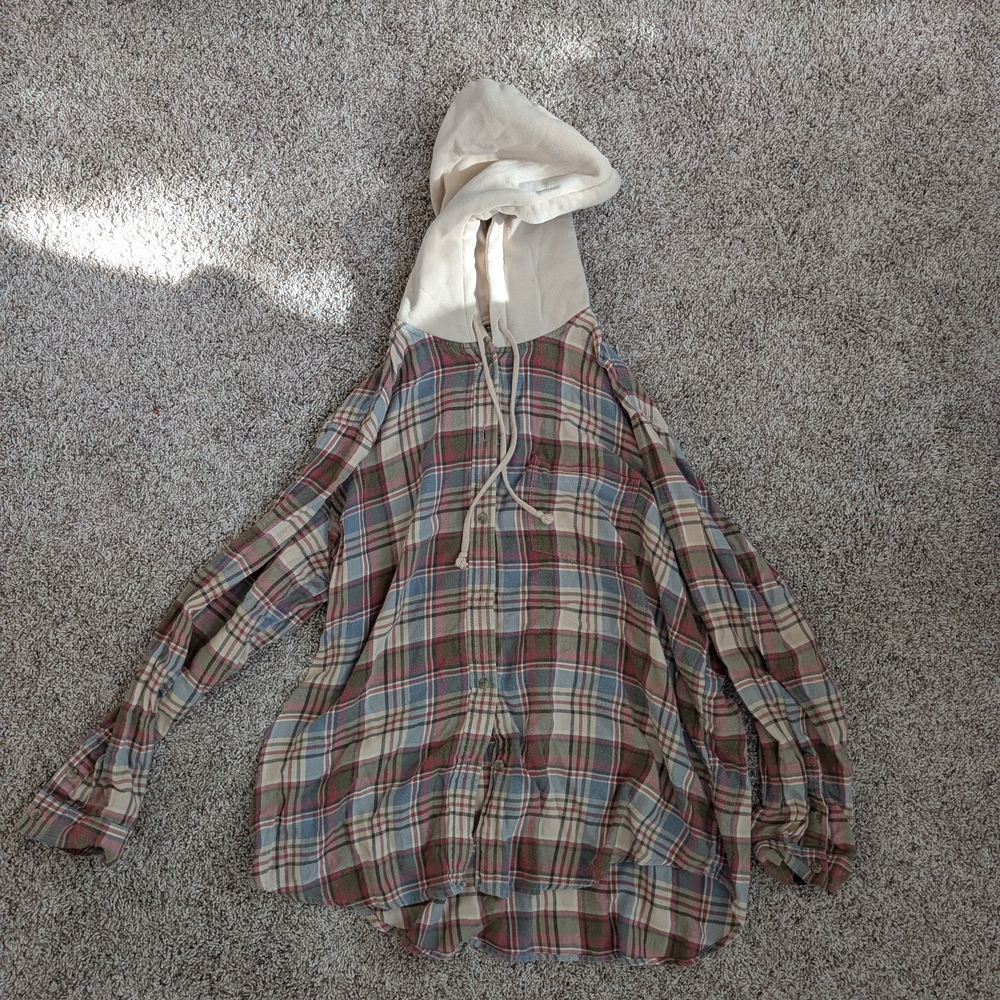 American Eagle Outfitters Plaid Shirt with Cream Hood
